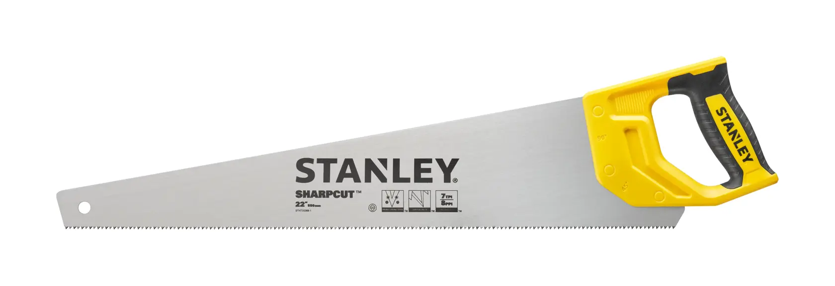 STANLEY STHT20368-1 Handsäge mit gelb-schwarzem Griff, Seitenansicht, Kategorie Fotografie.