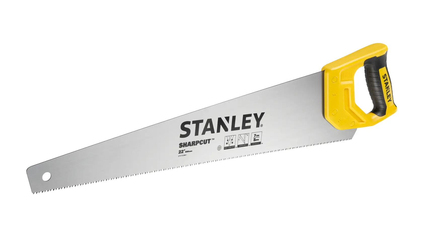 Foto von STANLEY STHT20368-1 Handsäge mit silberner Klinge, gelb-schwarzem Griff, Seitenansicht auf weißem Hintergrund.