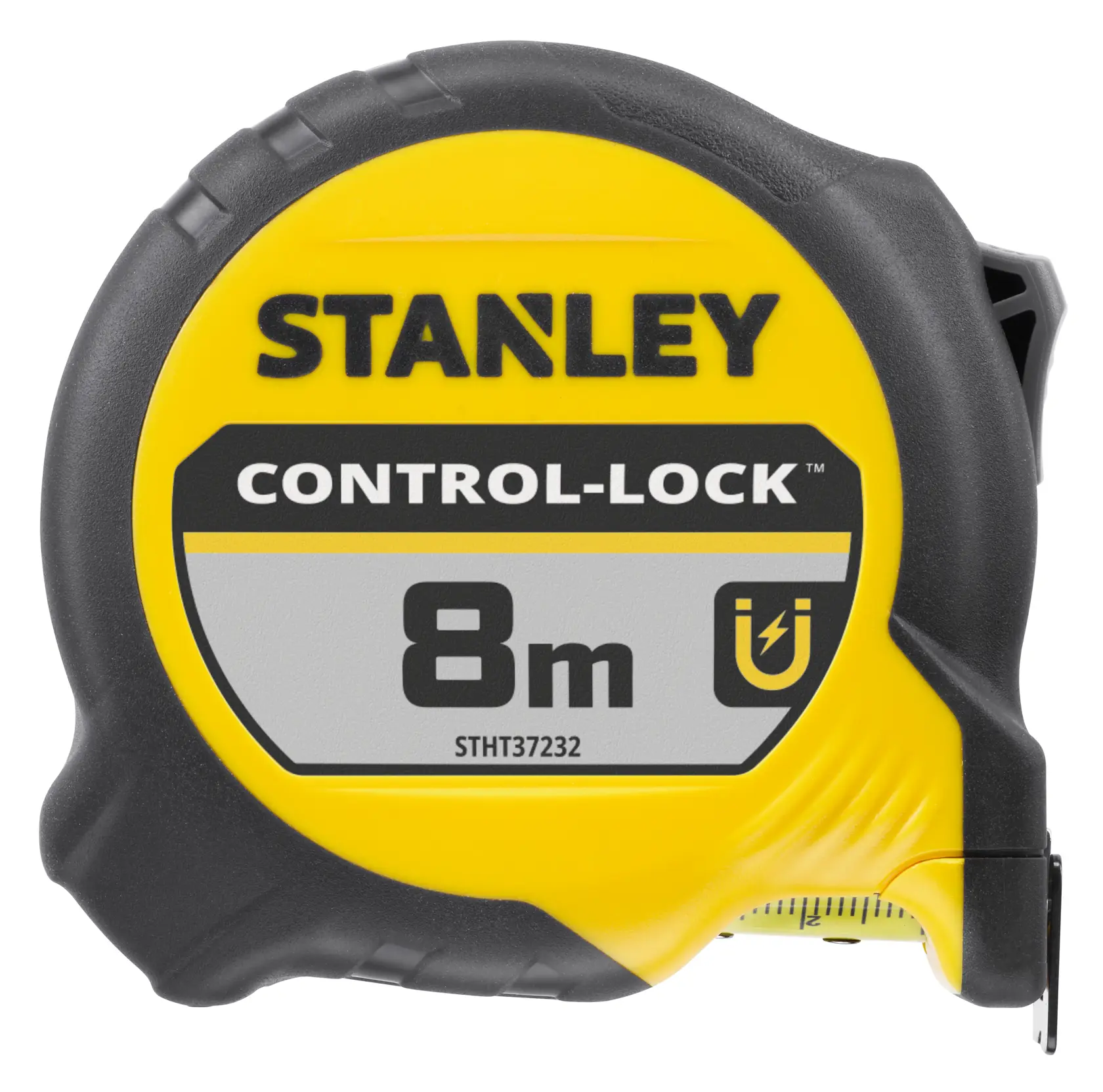 STANLEY STHT37232-0 Maßband, gelb und schwarz, 8m CONTROL-LOCK, Vorderansicht, Fotografie.