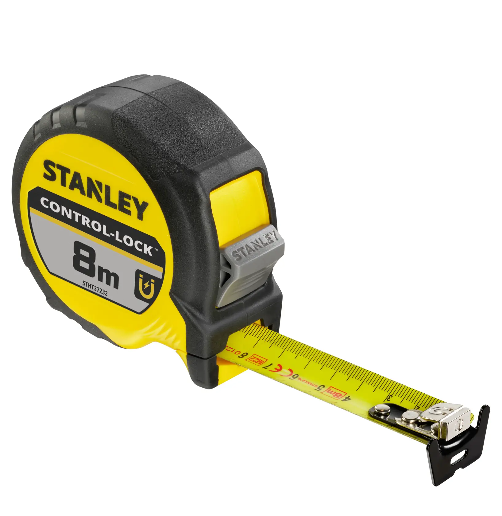 STANLEY STHT37232-0 Maßband, gelb und schwarz, CONTROL-LOCK, 8m Länge, Seitenansicht Foto.