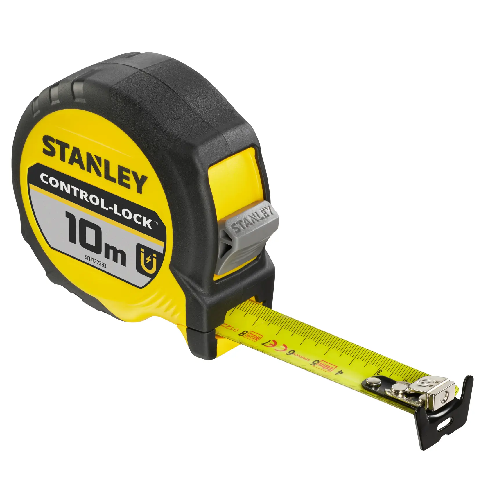 STANLEY STHT37233-0 Maßband, gelb und schwarz, 10m Länge, Fotografie, Seitenansicht auf weißem Hintergrund.