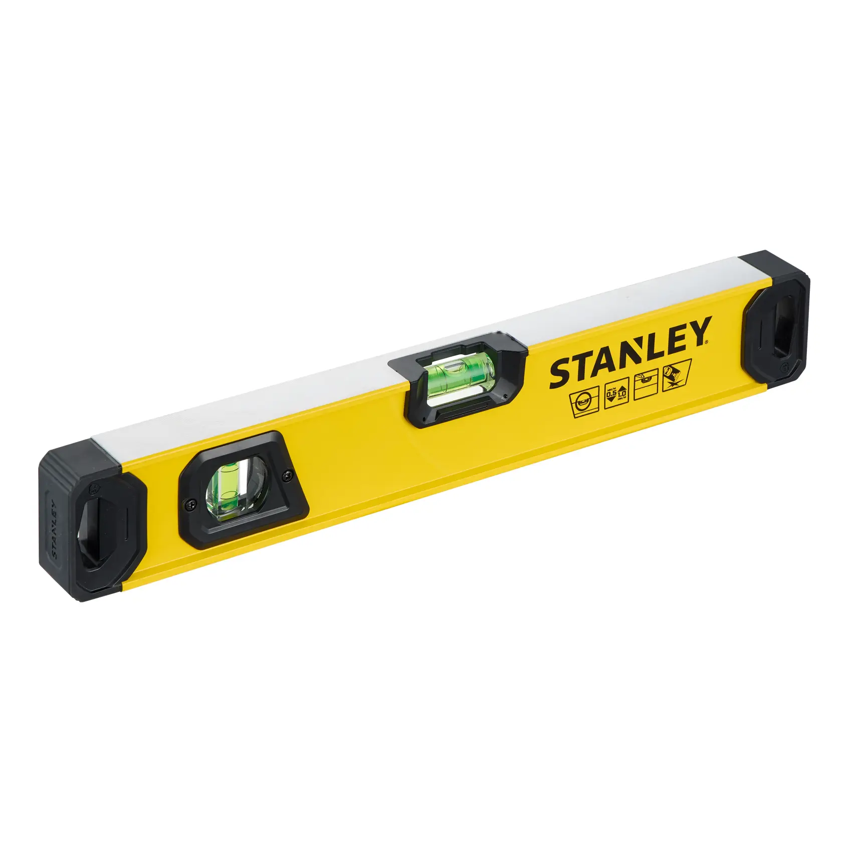 Eine gelbe Stanley-Wasserwaage mit schwarzen Endkappen und einer zentralen Libelle, die zur Messung der horizontalen und vertikalen Ausrichtung verwendet wird.