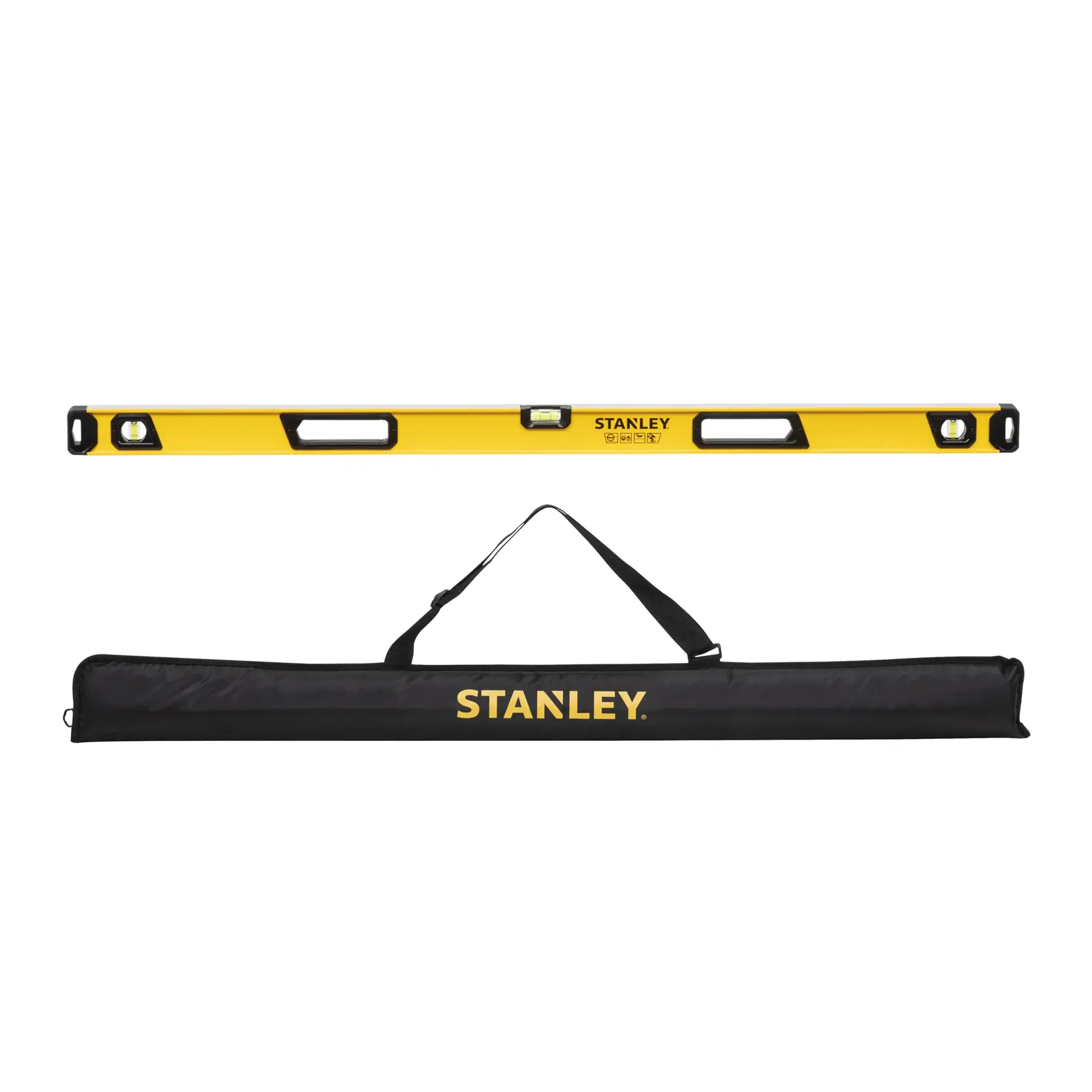 Gelbe STANLEY Wasserwaage mit drei Libellen und zwei Handgriffen, abgebildet über einer schwarzen Tragetasche mit Henkel und gelbem STANLEY-Logo.