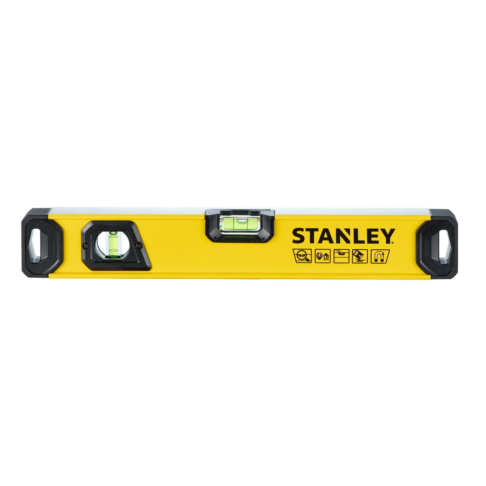 Eine gelbe STANLEY-Wasserwaage mit schwarzen Endkappen und zwei Libellen, vor weißem Hintergrund dargestellt.