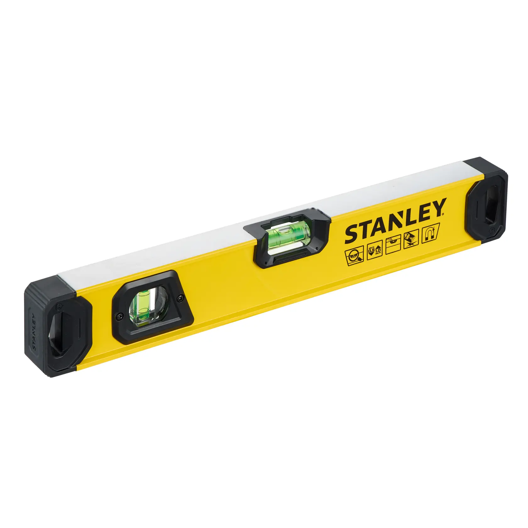 Eine Wasserwaage der Marke Stanley mit gelbem Körper und schwarzen Endkappen, entwickelt zur Messung der horizontalen und vertikalen Ausrichtung.