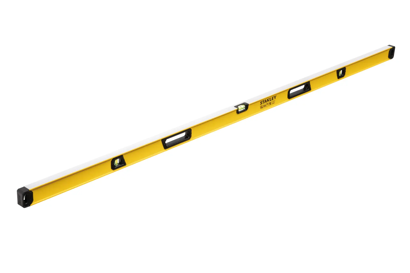 Eine gelbe STANLEY Wasserwaage in langer rechteckiger Form mit mehreren Libellen und Griffen.
