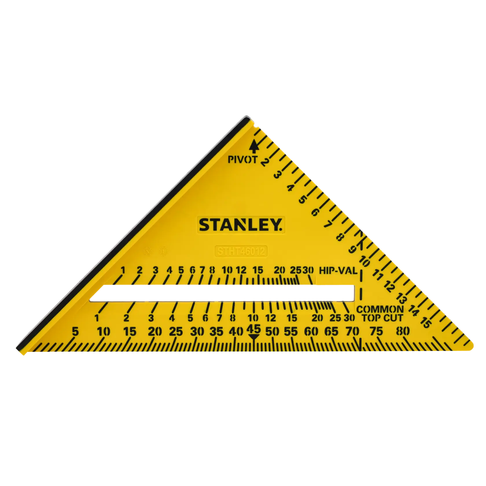 STANLEY STHT46012-0 gelbes Schreinerwinkel mit schwarzen Markierungen, Draufsicht auf weißem Hintergrund.
