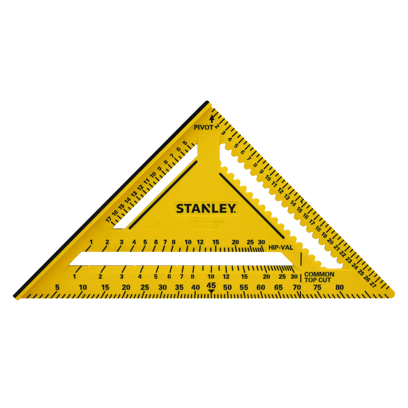 STANLEY STHT46013-0 gelbes Kunststoff-Zimmermannsdreieck mit schwarzen Markierungen, Frontalansicht auf weißem Hintergrund.