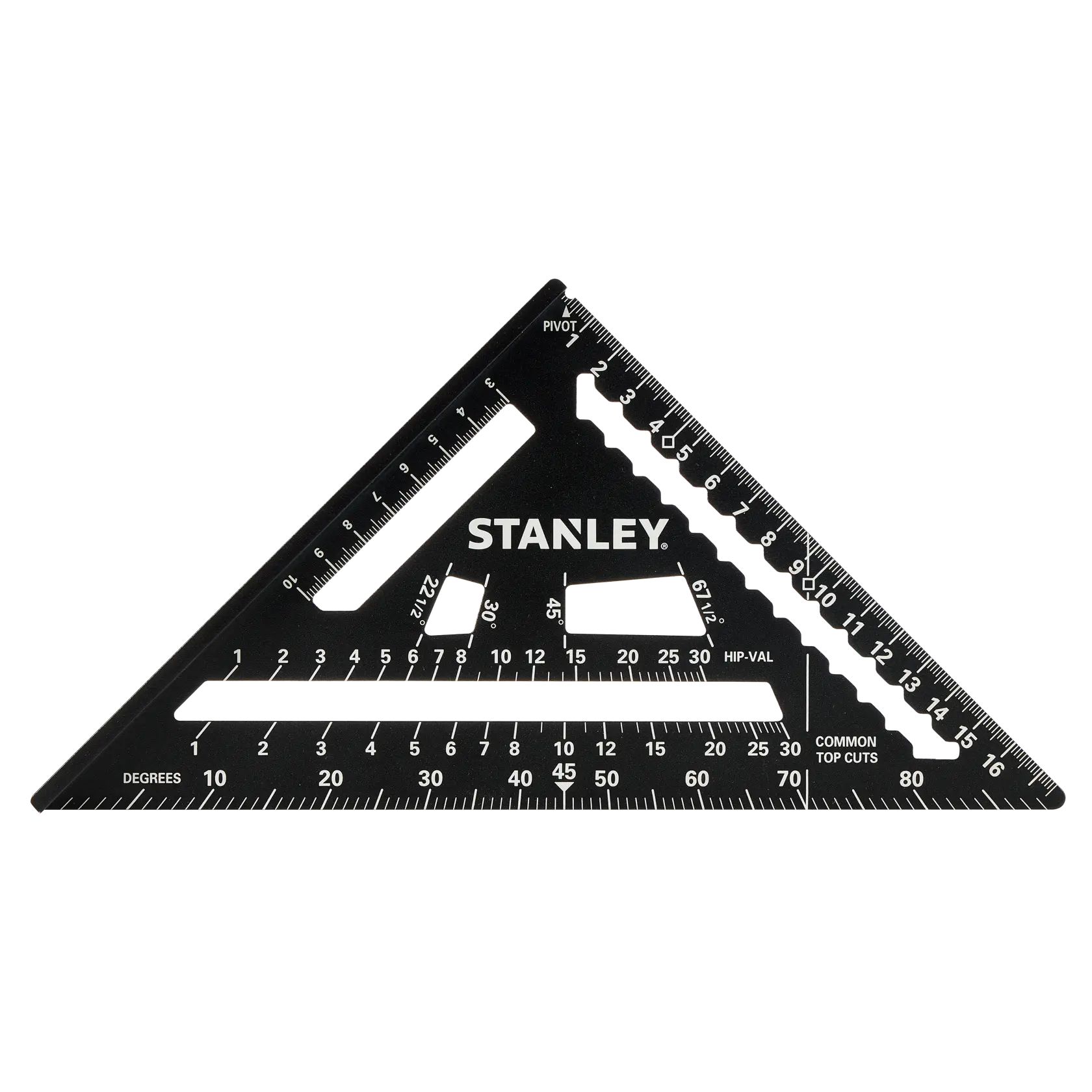 STANLEY STHT46101-0 schwarzes Metall-Dachdeckerwinkel mit weißen Markierungen, Dreiecksform, Produktfoto aus der Vogelperspektive.