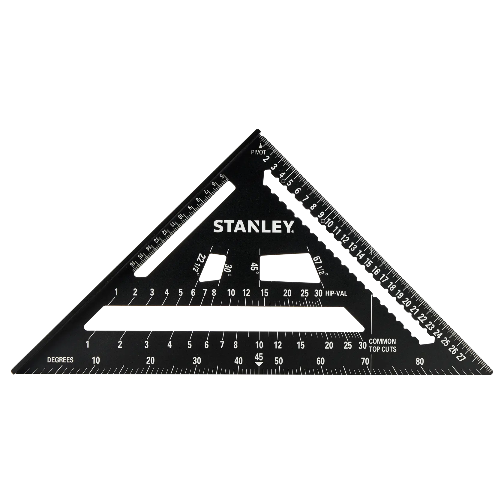 STANLEY STHT46102-0 Fotografie eines schwarzen dreieckigen Dachwinkels mit weißen Messmarkierungen, Vorderansicht.