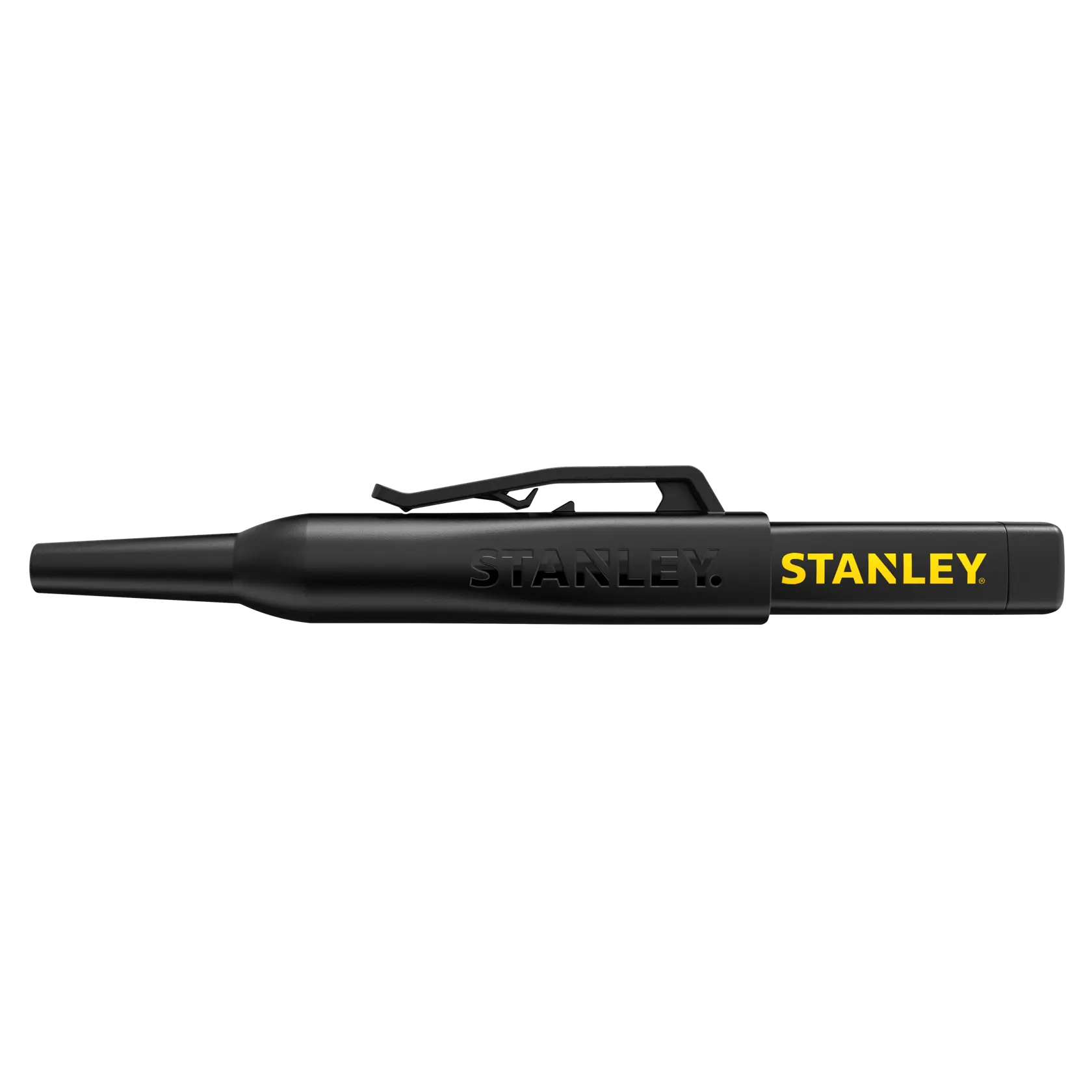 Foto des STANLEY STHT47003-0 schwarzen Spannungsprüfer-Stifts, Seitenansicht, gelbes STANLEY-Logo auf weißem Hintergrund.