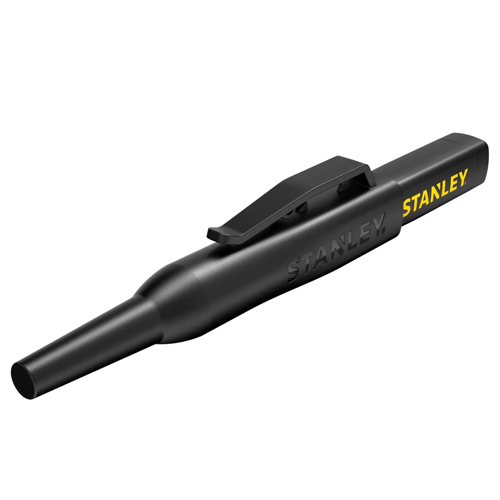 STANLEY STHT47003-0 schwarzer Zimmermannsbleistift mit Taschenclip, schräg auf weißem Hintergrund gezeigt.