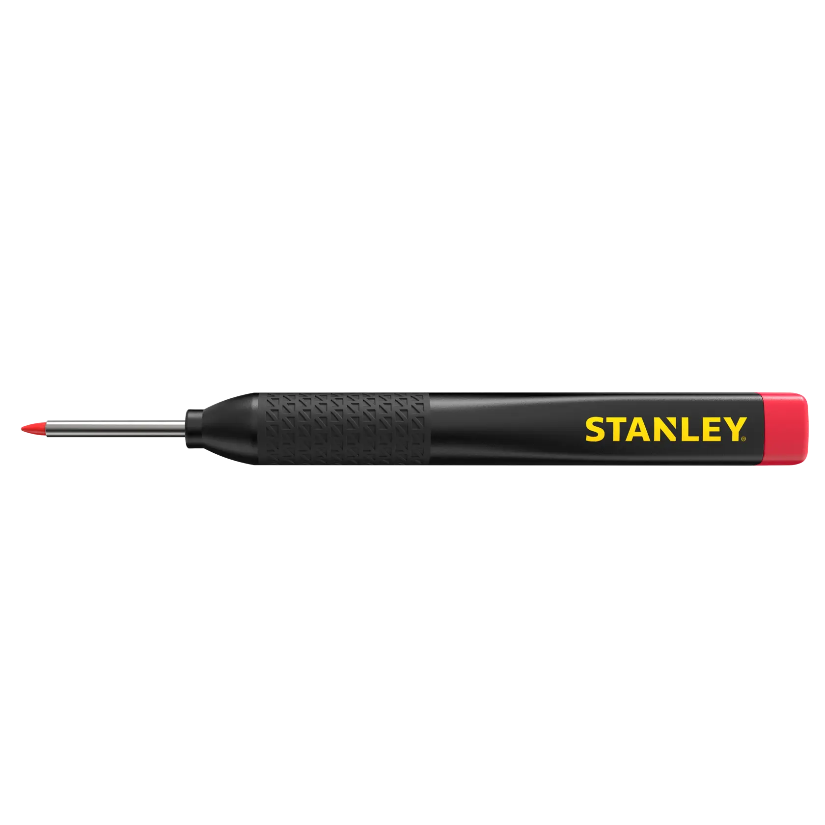Foto des STANLEY STHT47005 Körners mit schwarzem strukturiertem Griff, gelbem Logo und roter Spitze auf weißem Hintergrund, Seitenansicht.