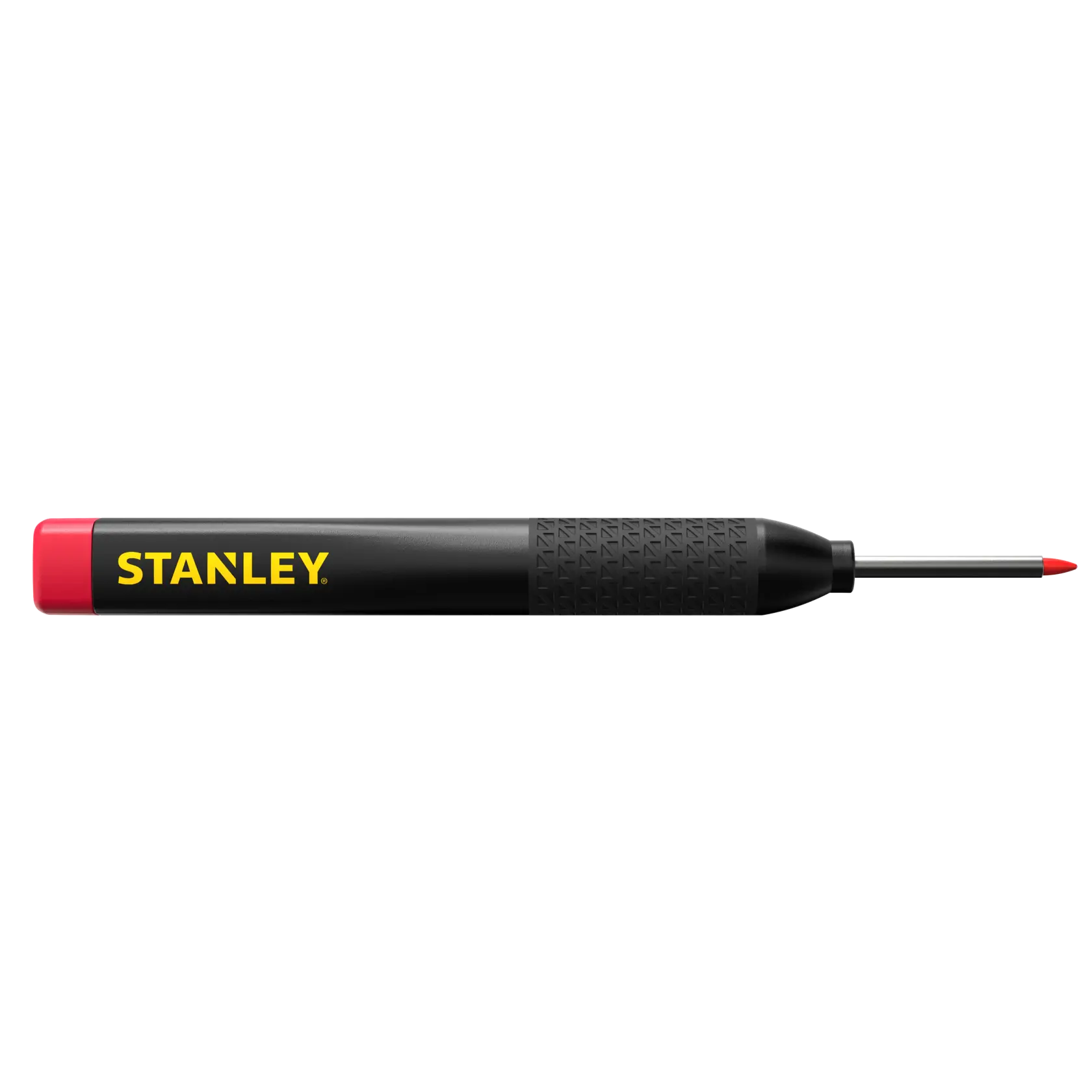 Foto des schwarzen und roten STANLEY STHT47005 Körners, Seitenansicht, gelbes Logo am Griff.