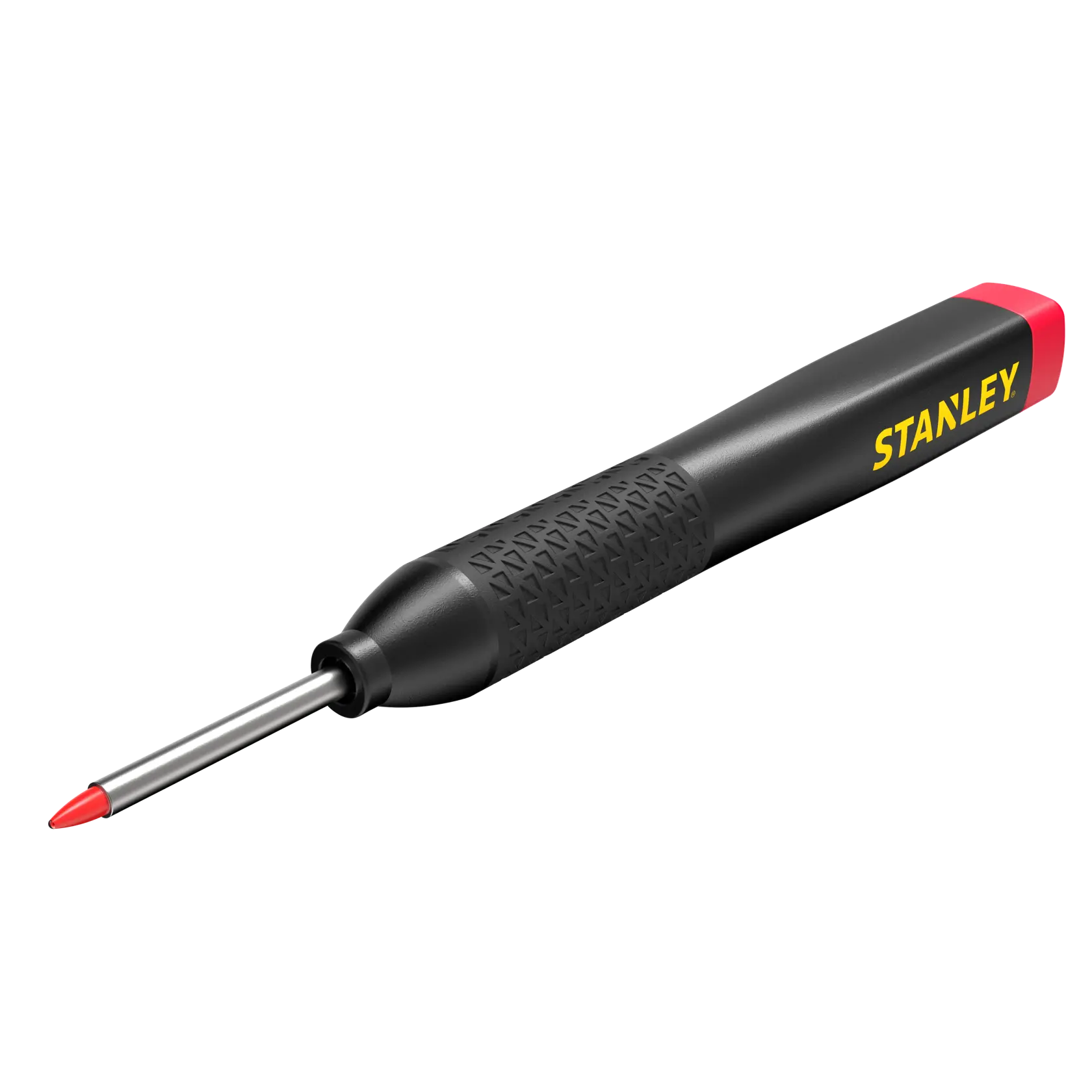 STANLEY STHT47005 automatischer Körner in Schwarz und Rot, strukturierter Griff, schräger Winkel auf weißem Hintergrund.