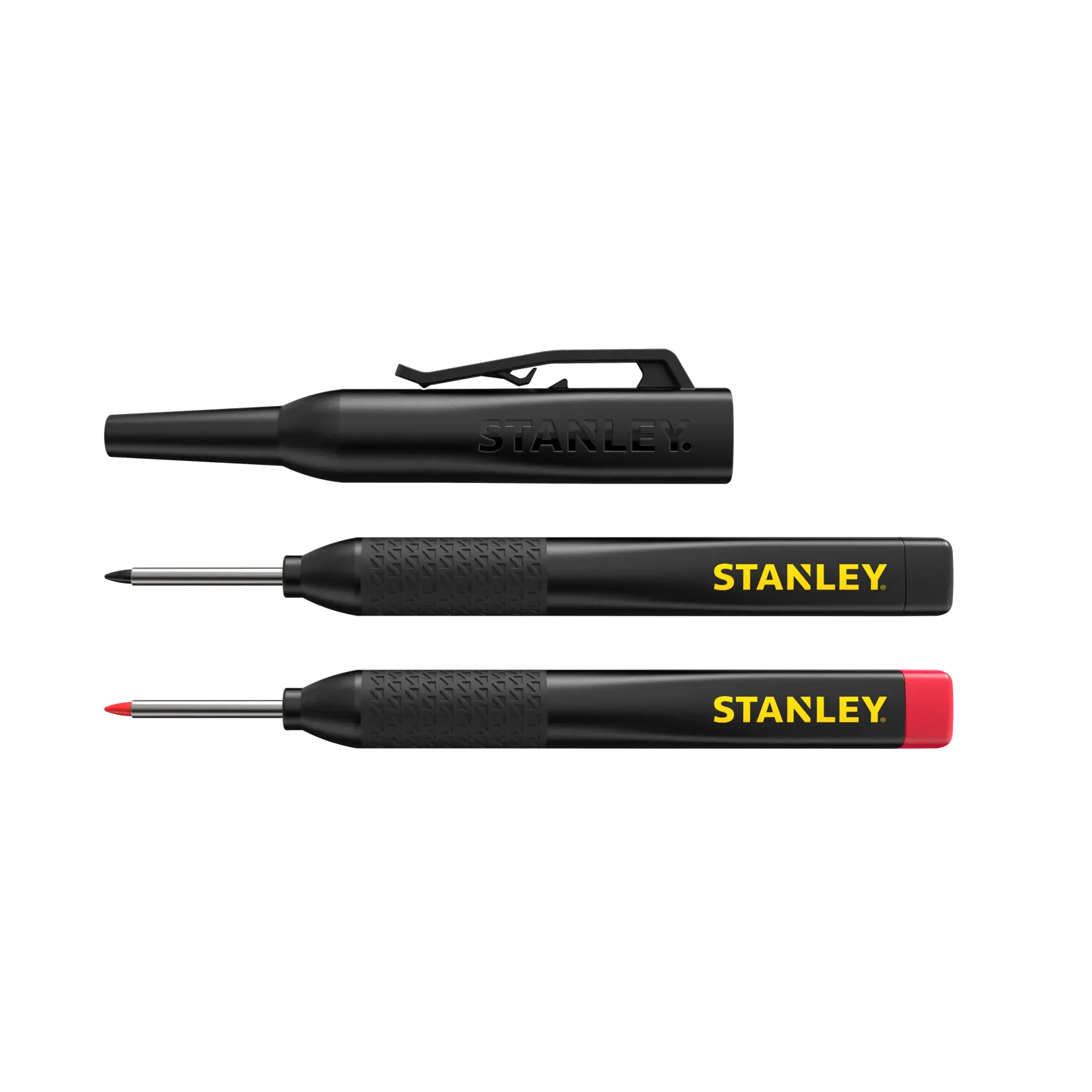 STANLEY STHT47011 schwarzes Feinmarker-Set, zwei Marker mit gelbem Logo, einer mit roter Kappe, Ansicht von oben.