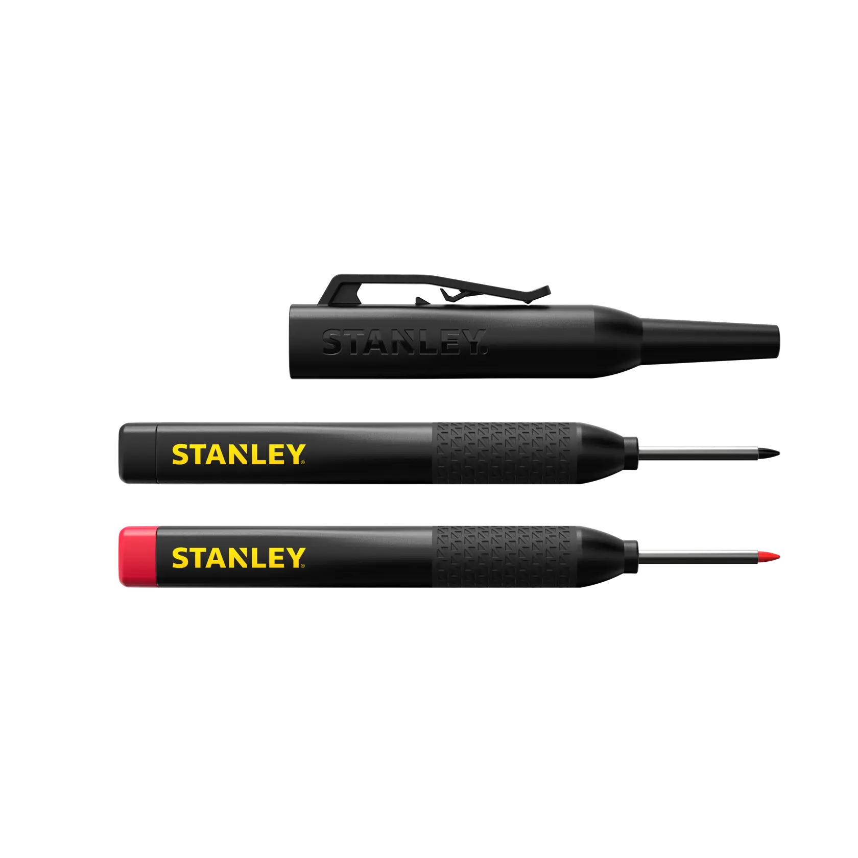 STANLEY STHT47011 Set aus schwarzen und roten Feinminen-Markern, Seitenansicht auf weißem Hintergrund.