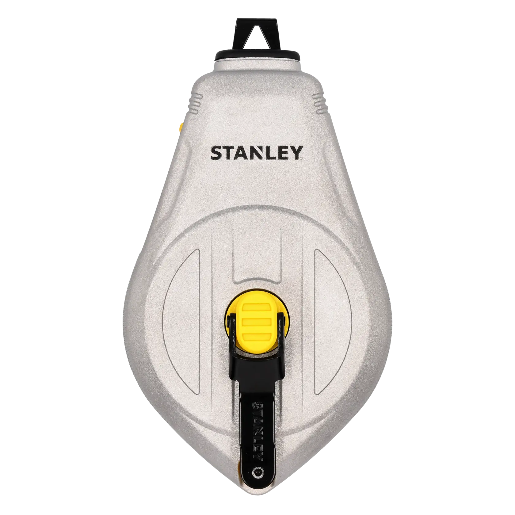 STANLEY STHT47110-0 Schlagschnurrolle in Silber mit gelben Details, Frontansicht auf weißem Hintergrund.