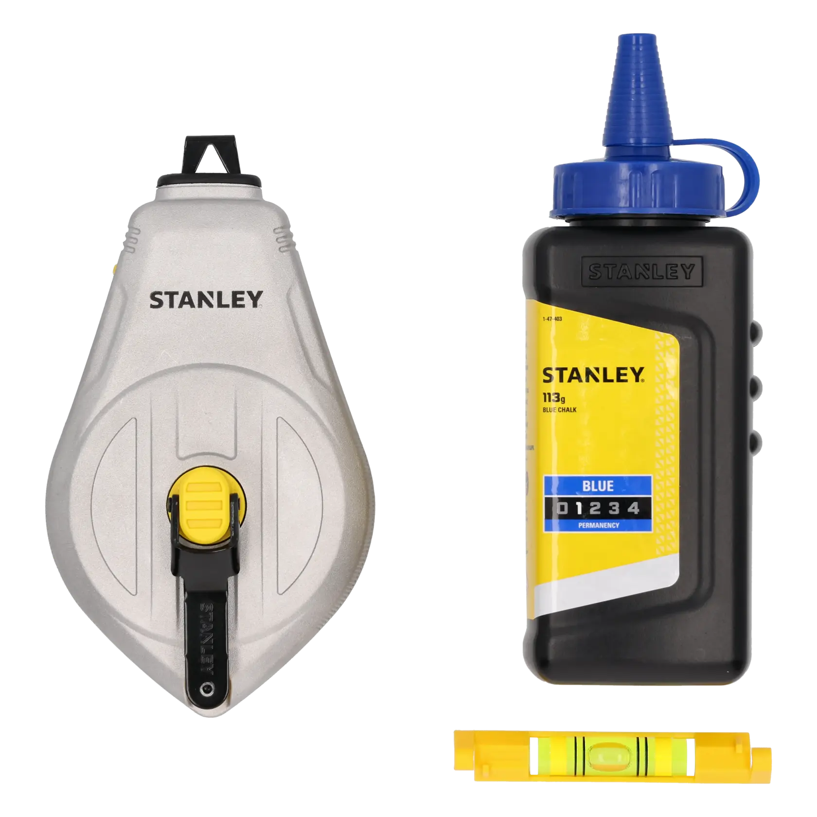 STANLEY STHT47111 Markierungsset mit silberner Schnur, blauer Kreide und gelber Mini-Wasserwaage, Vorderansicht.
