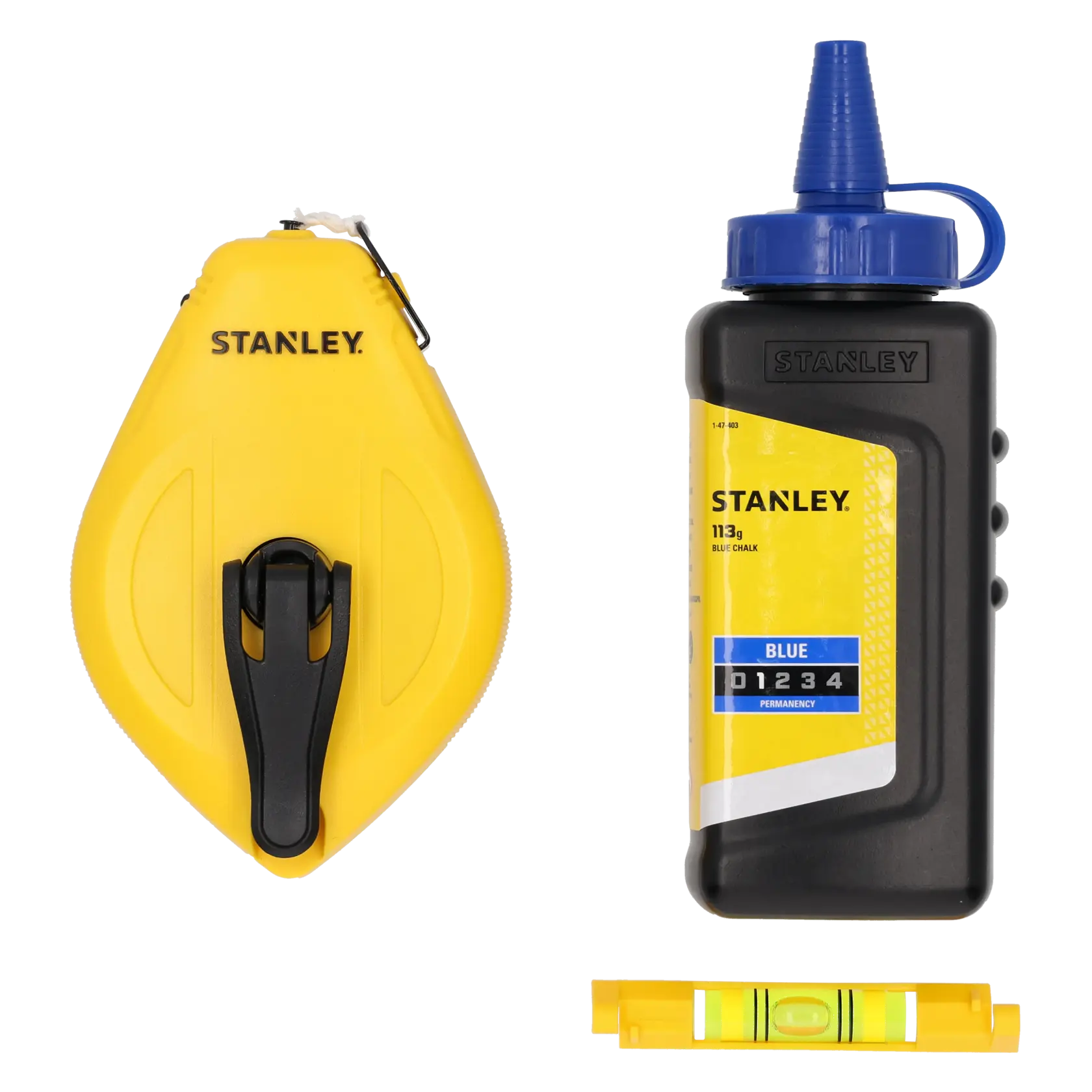 STANLEY STHT47113-0 Fotografie von gelber Schnurbox, blauer Kreideflasche und gelber Wasserwaage, Vorderansicht.