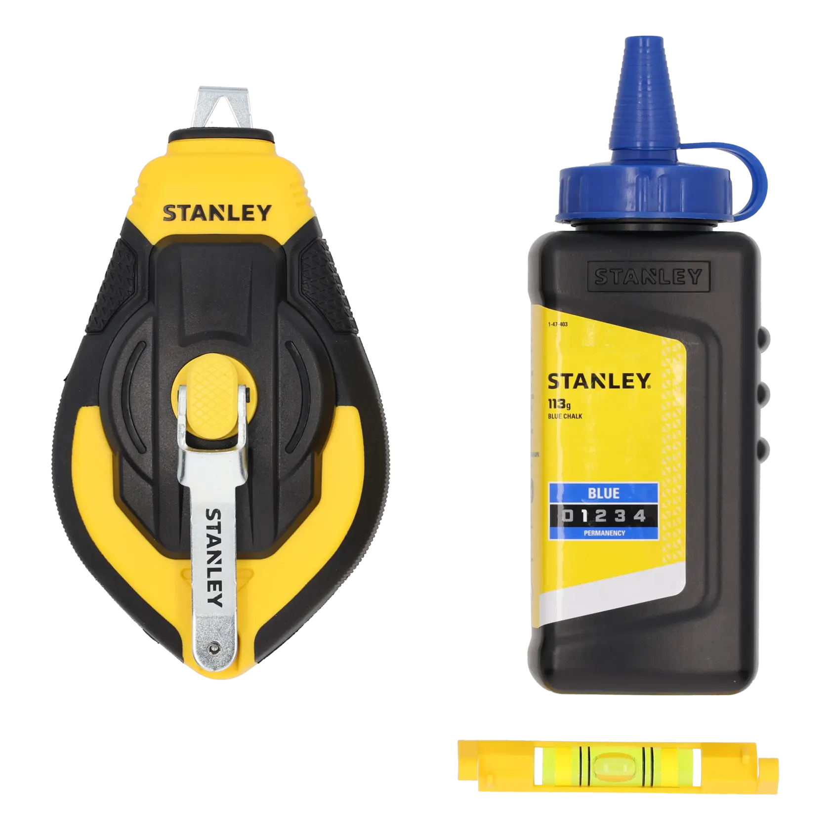 STANLEY STHT47312-0 Markierschnur-Set mit gelber Schnurrolle, blauer Kreide und kleiner Wasserwaage, Vorderansicht.