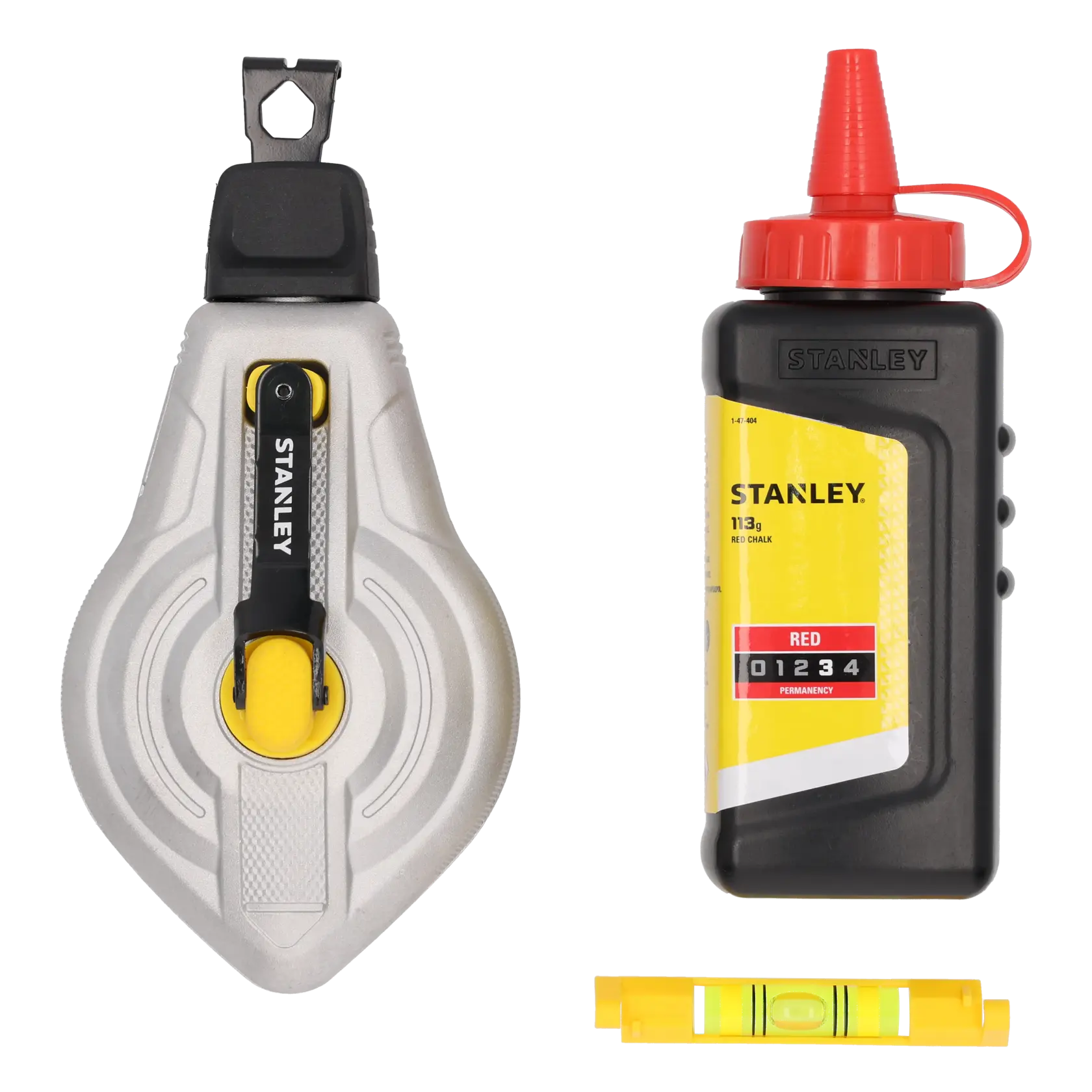 STANLEY STHT47612 Markierungsset mit silbernem Markiergerät, roter Kreideflasche und gelber Mini-Wasserwaage, Vorderansicht.