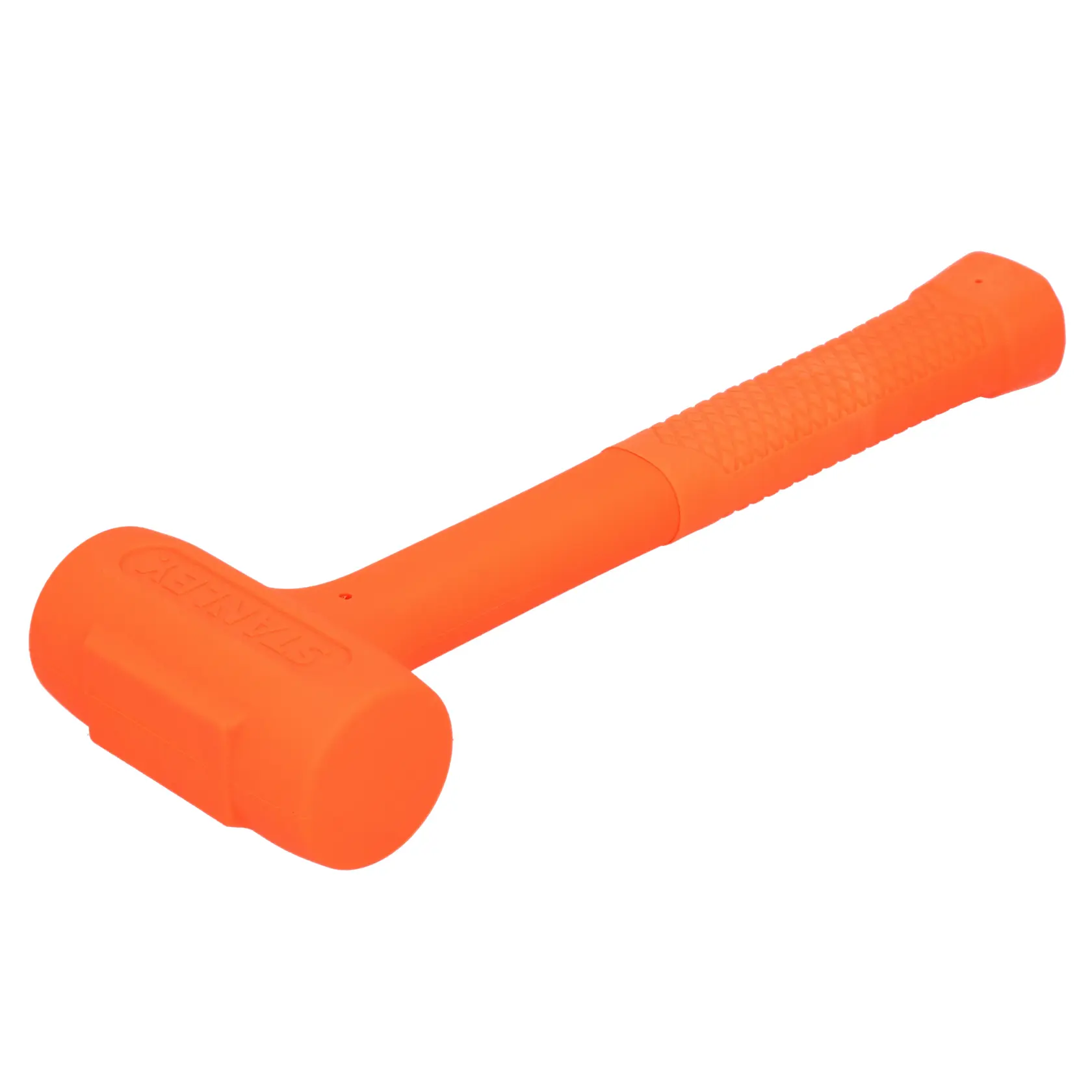 STANLEY STHT57531-0 orange Dead Blow Hammer mit strukturierter Griff, Seitenansicht auf weiß.