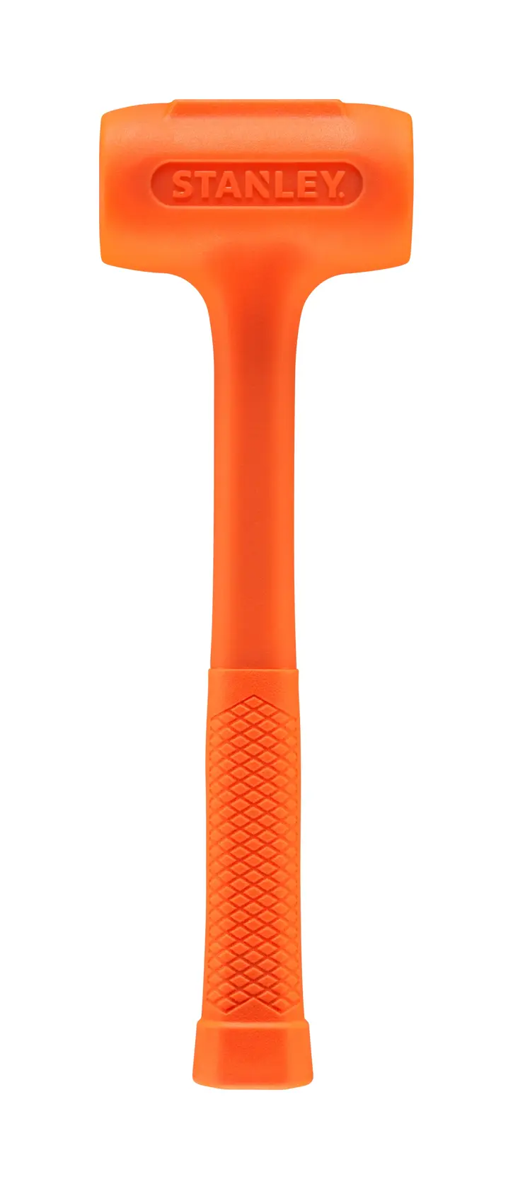 Foto des orangefarbenen STANLEY STHT57532-0 Schonhammers mit strukturiertem Griff, Frontansicht, weißer Hintergrund.