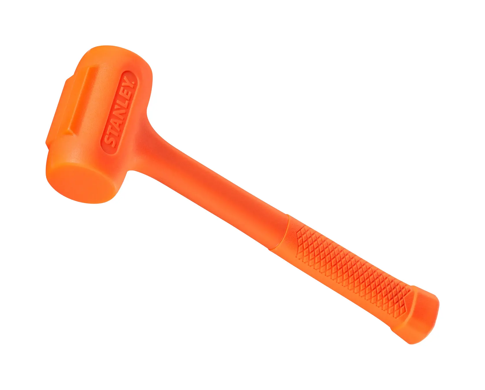STANLEY STHT57532-0 orange Dead Blow Hammer, strukturierter Griff, Seitenansicht, weißer Hintergrund.