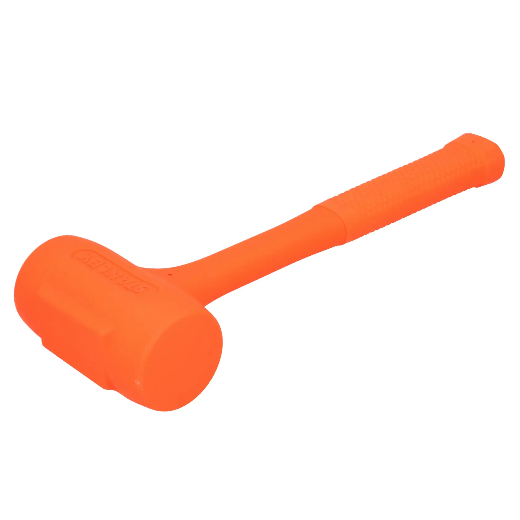 Stanley STHT57533-0 orangener Schonhammer, Seitenansicht, strukturierter Griff, weißer Hintergrund.