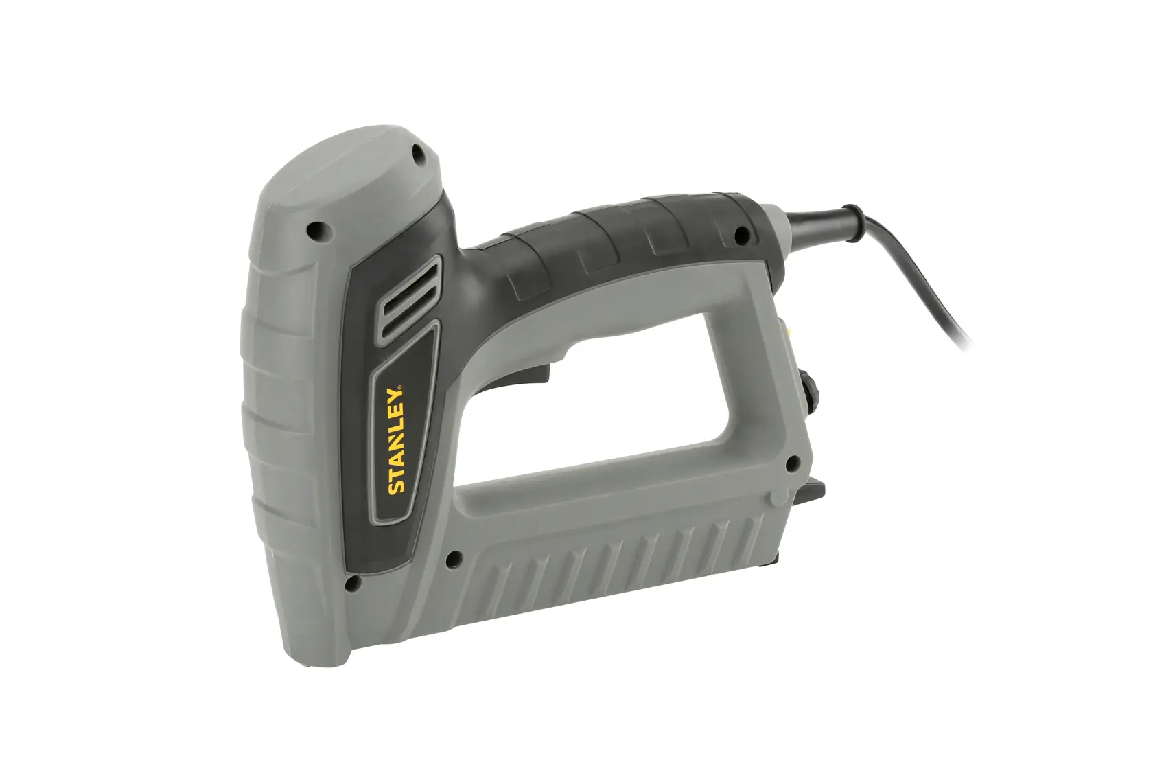 Stanley grauer Elektrotacker mit ergonomischem Griff und Kabel vor weißem Hintergrund.
