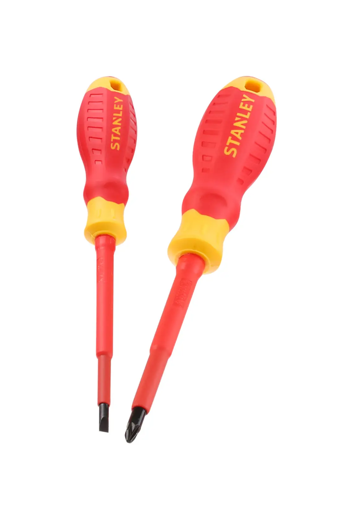 STANLEY STHT60030-0 insulated screwdriver set, red and yellow, front angle, two pieces.