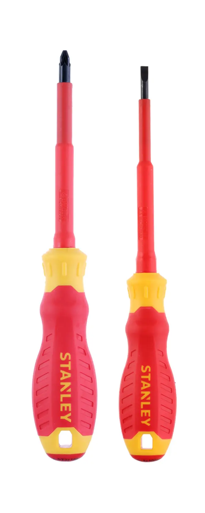 STANLEY STHT60030-0 insulated screwdriver set, red and yellow handles, front angle, white background.