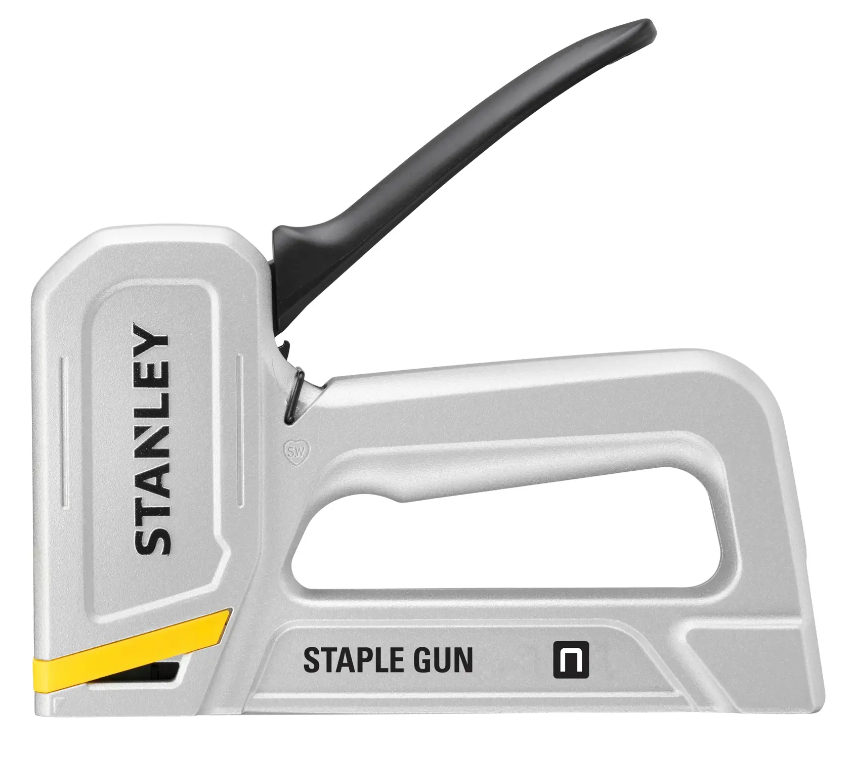 Foto der Stanley STHT70150-0 Handtacker, silber und schwarz, Seitenansicht auf weißem Hintergrund.