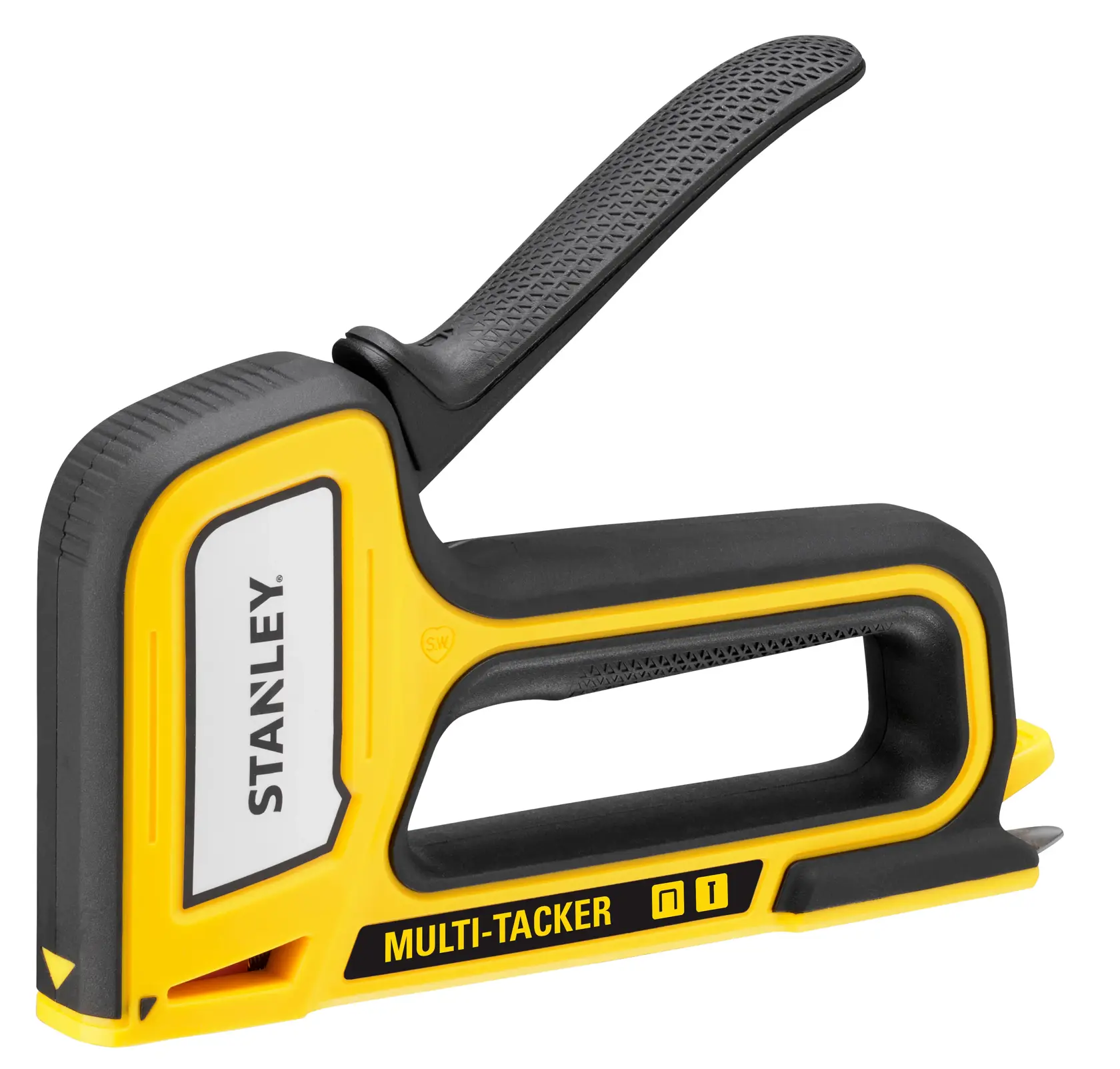 STANLEY STHT70440-0 gelb-schwarzer Multi-Tacker Hefter Seitenansicht auf weißem Hintergrund.