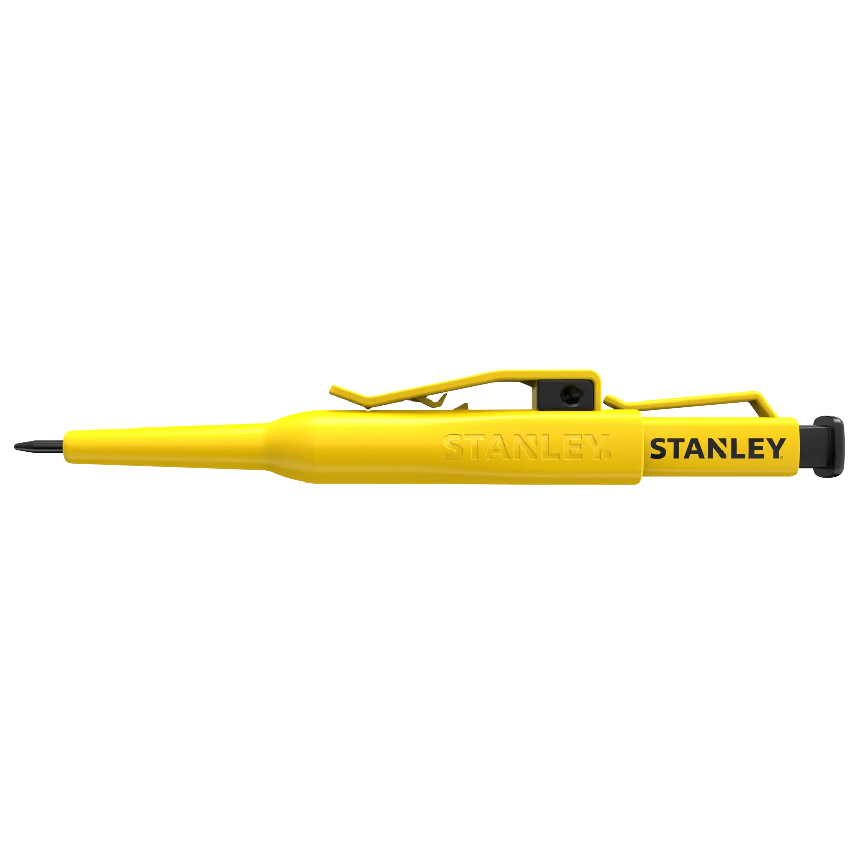 Stanley STHT72001 gelber Markierstift, Seitenansicht, mit Taschenclip und schwarzer Spitze auf weißem Hintergrund.