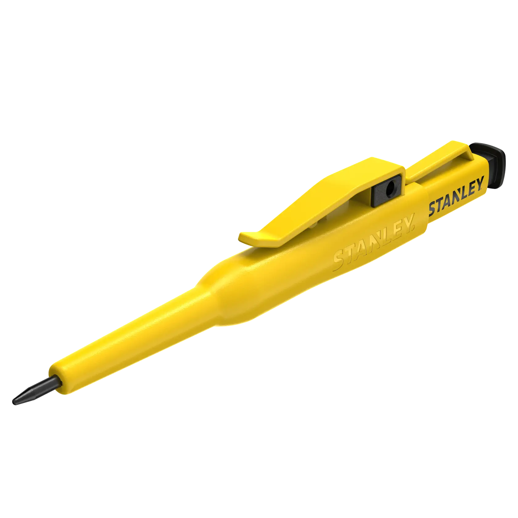 STANLEY STHT72001 gelber Markierstift mit Taschenclip, Seitenansicht auf weißem Hintergrund.