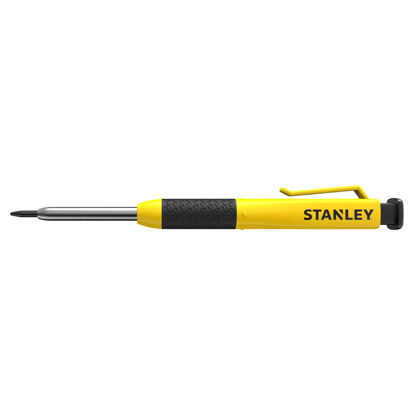 STANLEY STHT72002 gelb-schwarzer Präzisionsschraubendreher mit Taschenclip, Seitenansicht, weißer Hintergrund.