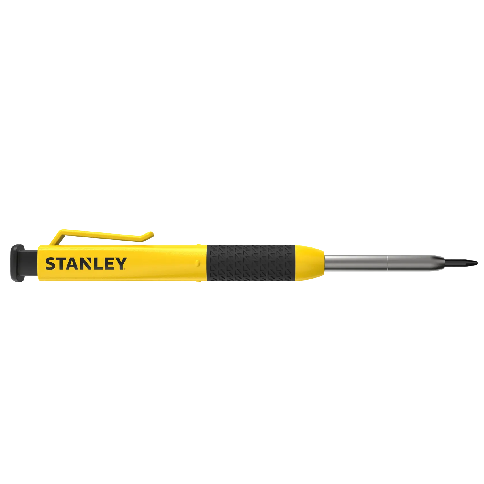 Foto des gelb-schwarzen Präzisionsschraubendrehers STANLEY STHT72002 mit Taschenclip, Seitenansicht, auf weißem Hintergrund.