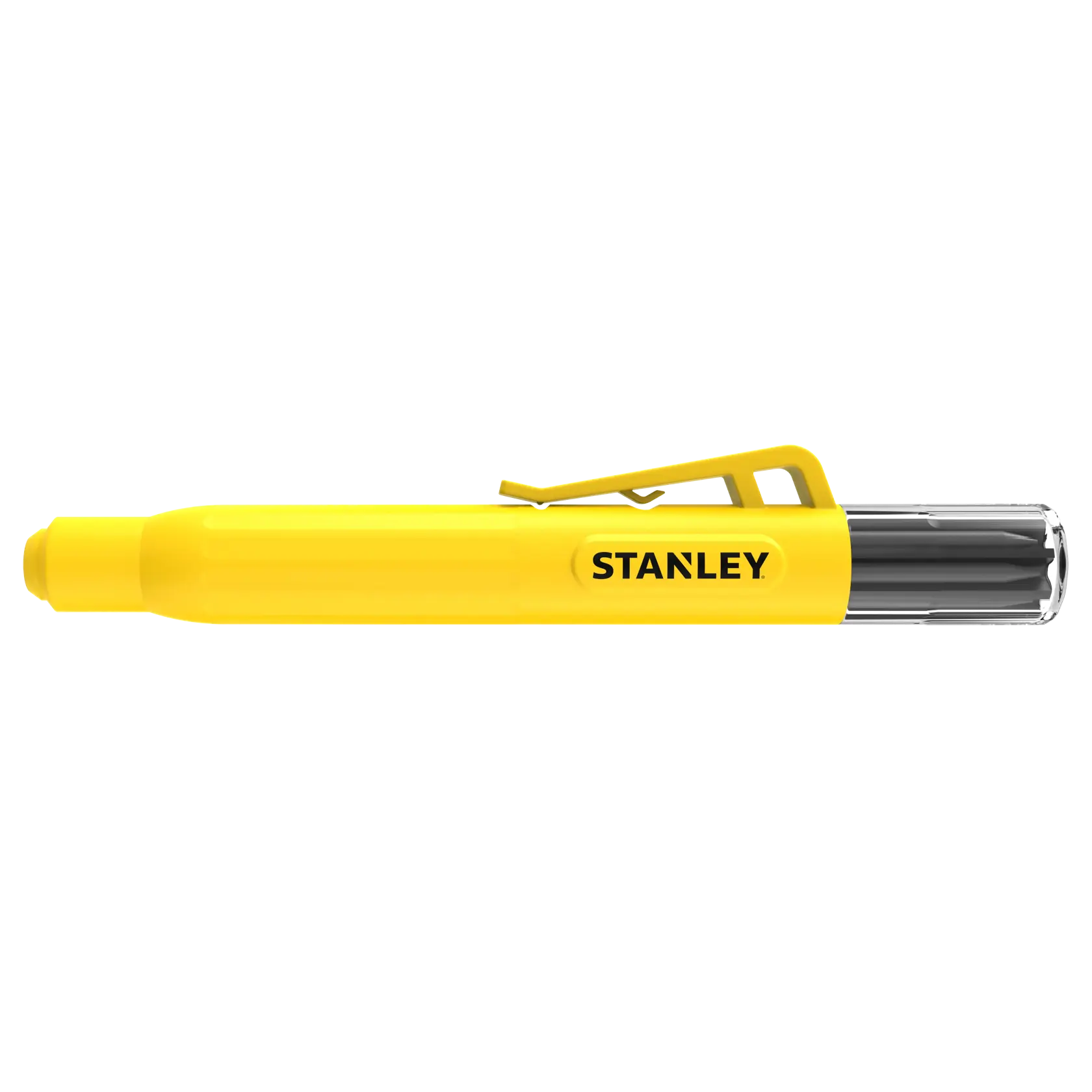 Foto des gelben STANLEY STHT72006 Druckbleistifts mit Taschenclip, Seitenansicht vor weißem Hintergrund.