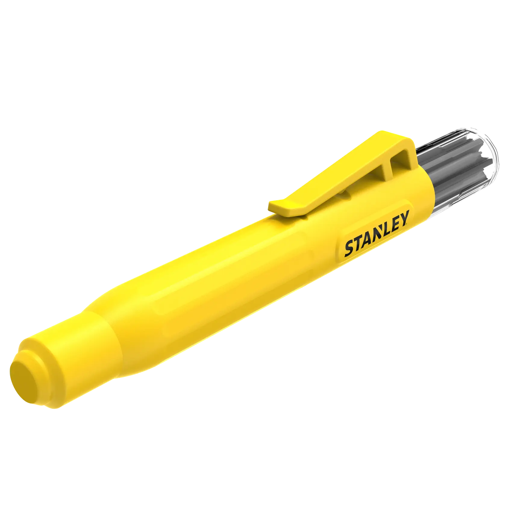STANLEY STHT72006 gelber Präzisionsschraubendreher mit Clip, schräge Ansicht auf weißem Hintergrund.