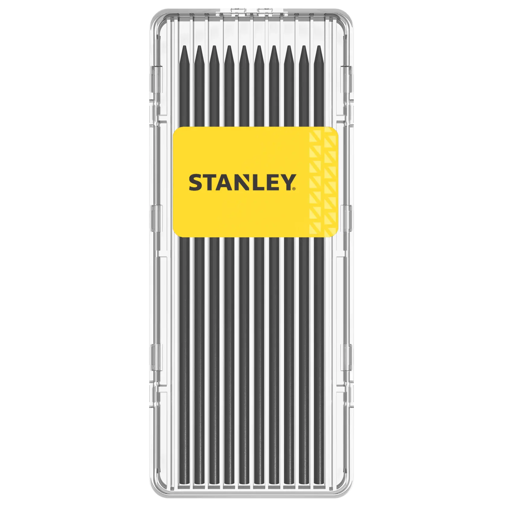 Stanley Präzisionswerkzeugset in transparenter Box mit gelbem Etikett, ordentlich sortiert.