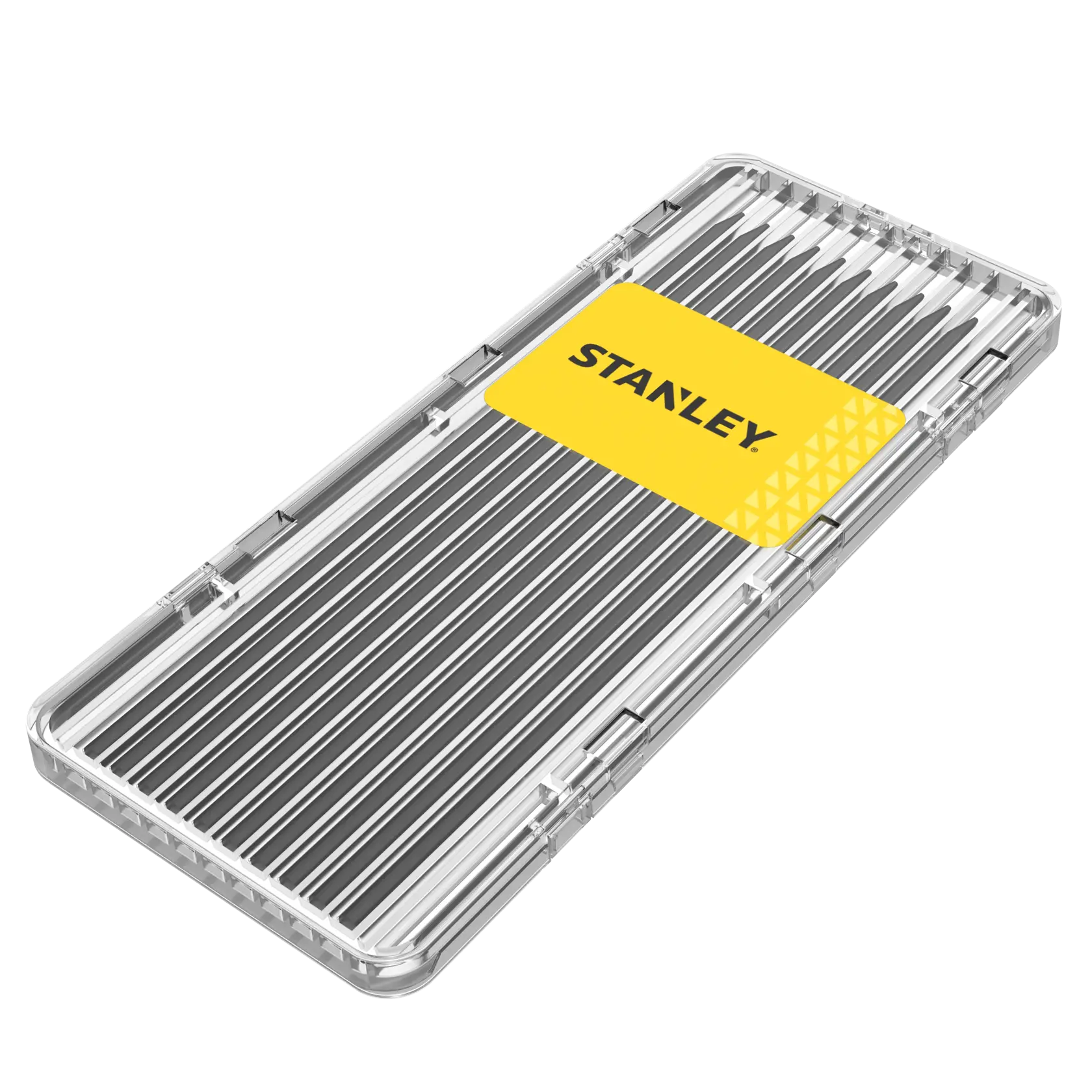 Stanley Fotografie-Zubehörset in transparenter Box mit gelbem Etikett, enthält mehrere Metallstäbe.