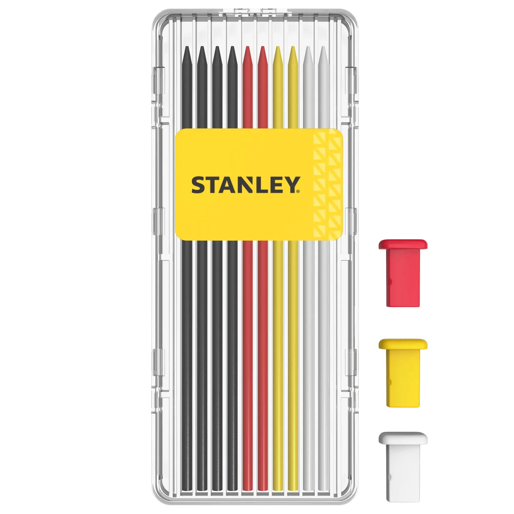 Stanley Nachfüllset für Stifte in Klarsichtbox mit roten, gelben und weißen Kappen.