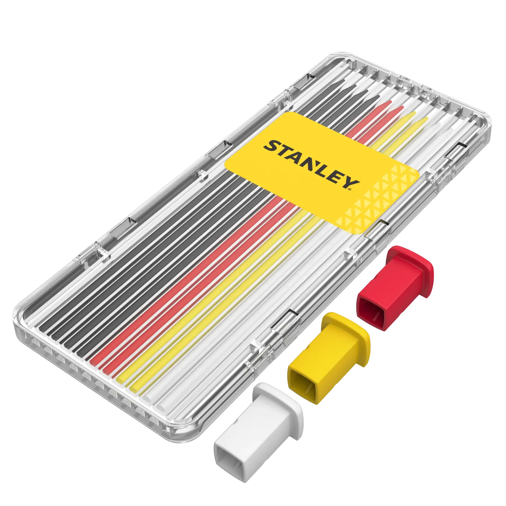 STANLEY Fotomarker-Set in transparenter Box mit gelbem, rotem und weißem Deckel separat gezeigt.