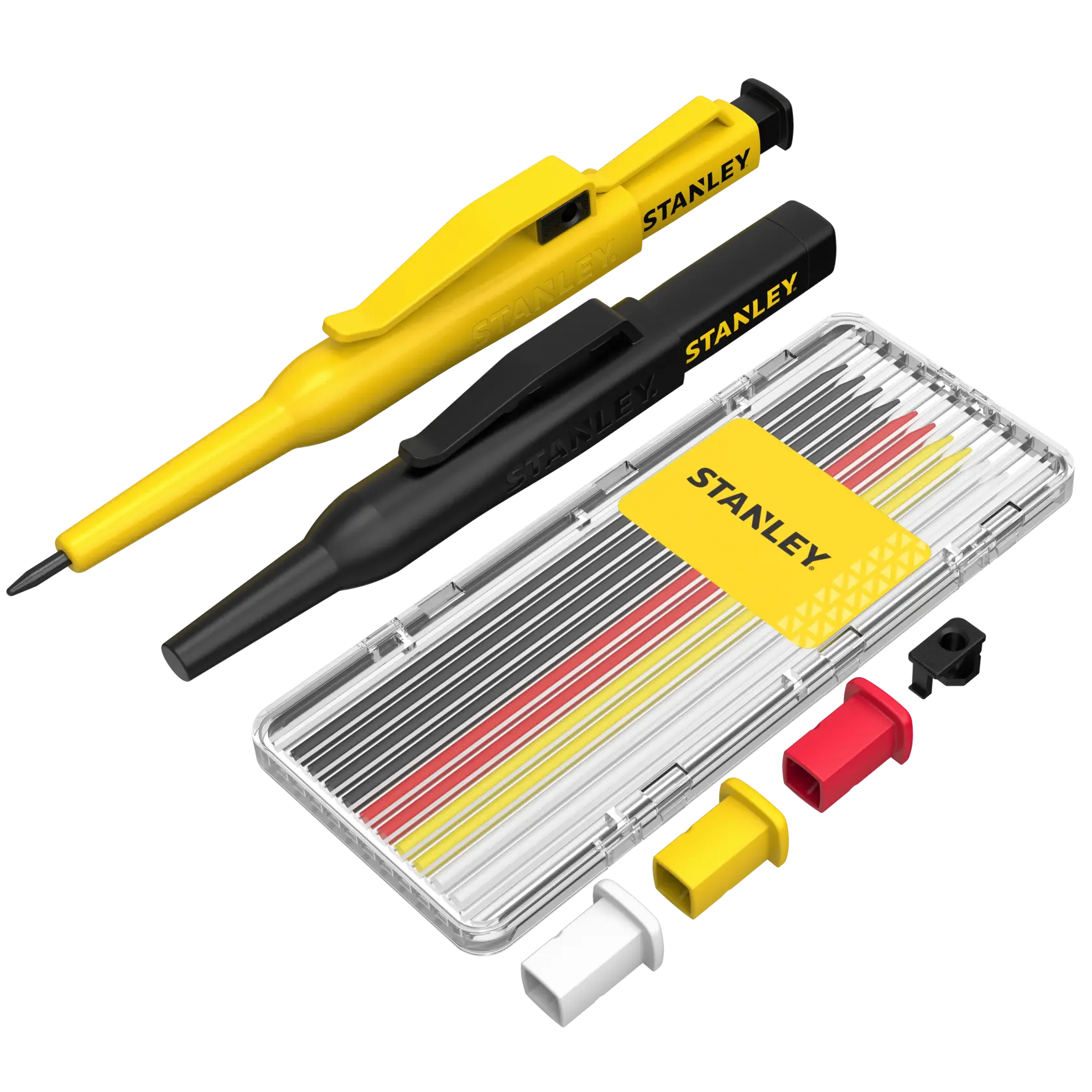 Stanley Markierstifte Set mit Ersatzminen und farbigen Kappen, gezeigt mit transparenter Box.