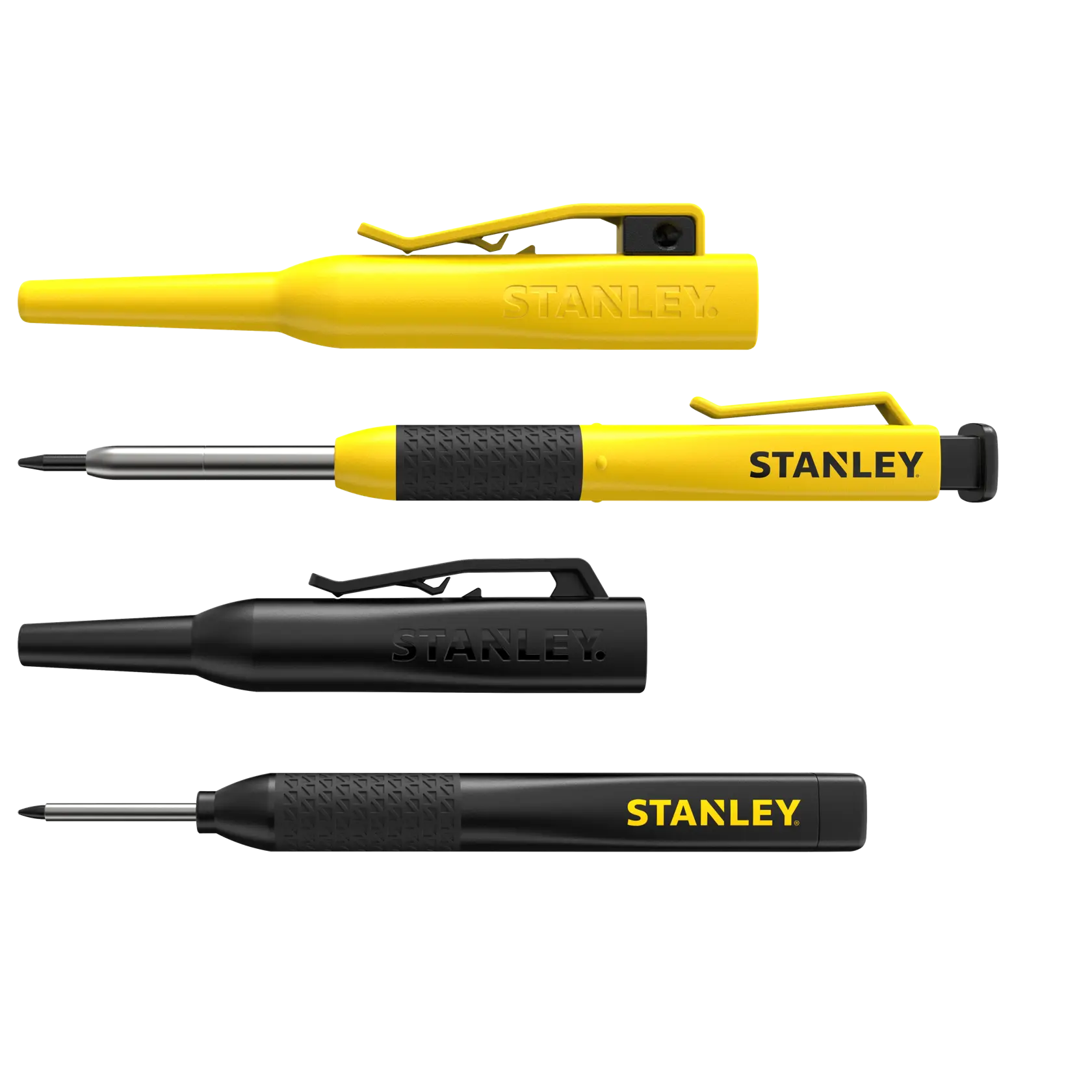STANLEY STHT72010-0 Taschen-Schraubendreher-Set, zwei gelbe und zwei schwarze Schraubendreher, Seitenansicht auf weißem Hintergrund.