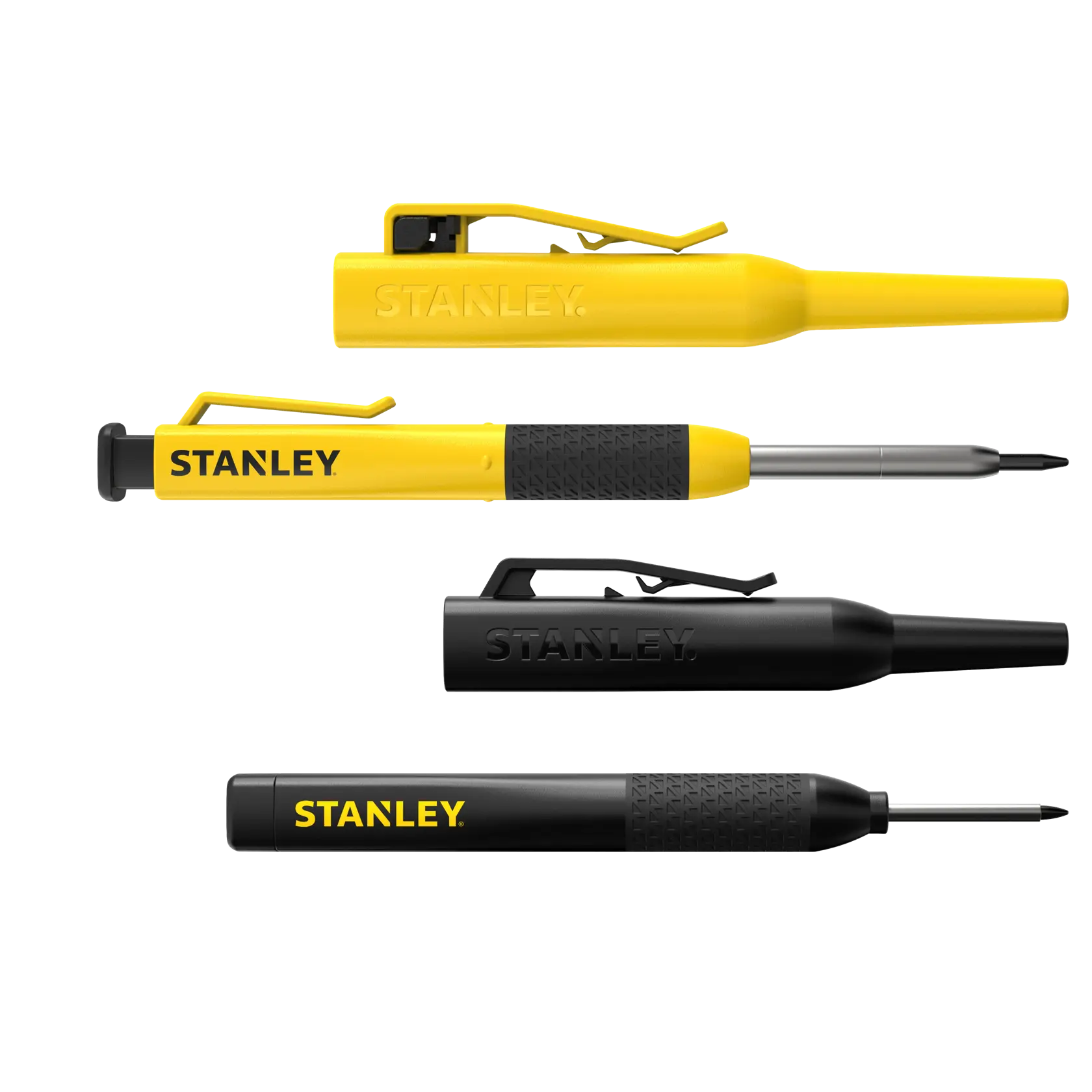 STANLEY STHT72010-0 Schraubendreher-Set, zwei gelbe und zwei schwarze Stiftschraubendreher, Seiten- und Frontansicht, weißer Hintergrund.