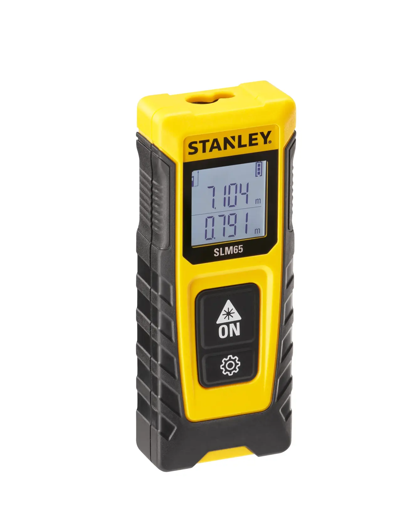 STANLEY STHT77065-0 Laser-Entfernungsmesser im Einsatz, Anzeige und roter Laserstrahl in einer Baustellenumgebung.