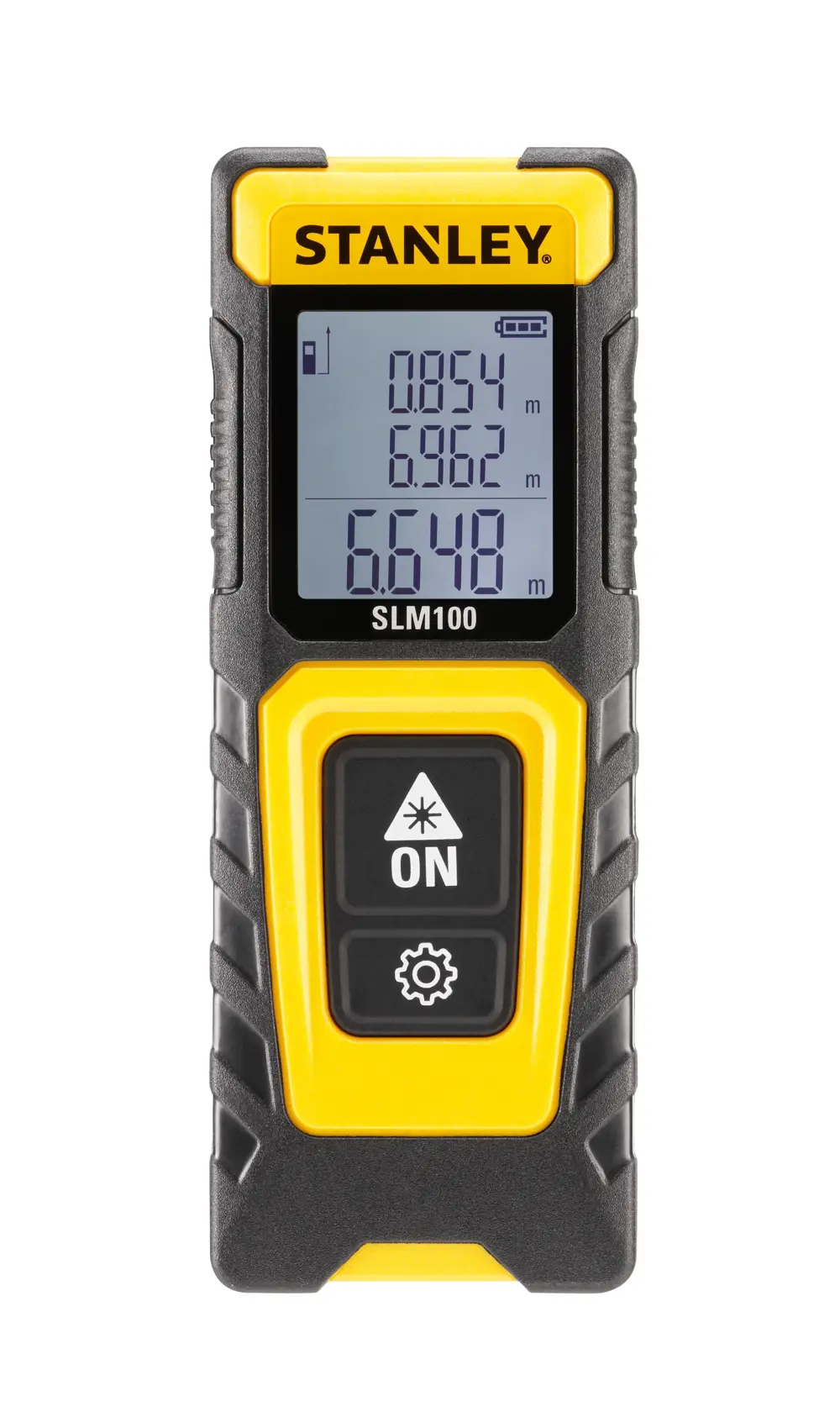 Foto des STANLEY STHT77100-0 Laser-Entfernungsmessers im Einsatz an einem Holzgeländer auf einer Baustelle.